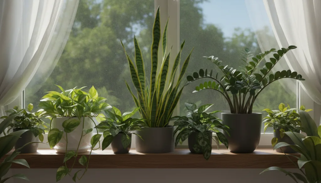 A collection of various healthy houseplants including a snake plant a pothos and a ZZ plant arranged on a windowsill sho