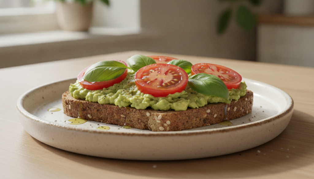 A slice of healthy whole-grain toast topped with avocado fresh tomato slices basil and a drizzle of olive oil on a light
