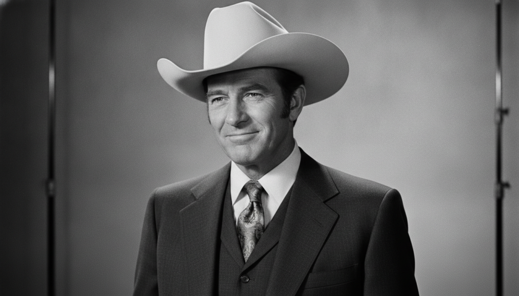 Larry Hagman as J R Ewing from Dallas wearing a cowboy hat and a suit with a characteristic smirk
