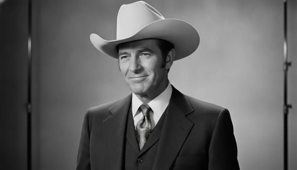 Larry Hagman as J R Ewing from Dallas wearing a cowboy hat and a suit with a characteristic smirk