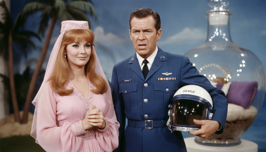 A still from I Dream of Jeannie showing Larry Hagman as Tony Nelson in his astronaut uniform looking exasperated while B