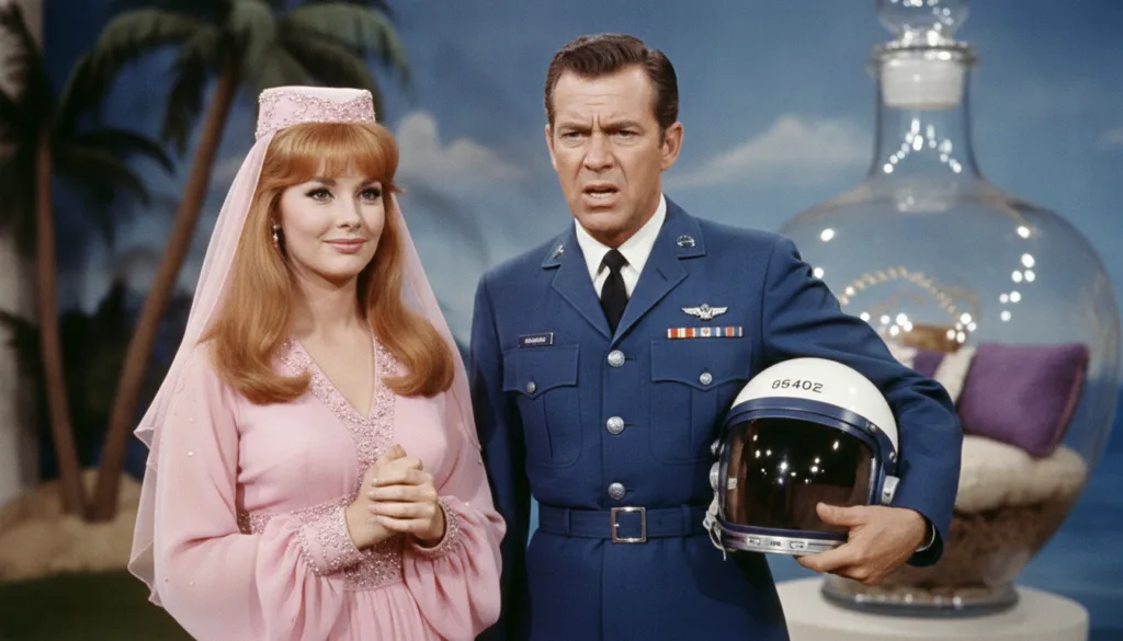 A still from I Dream of Jeannie showing Larry Hagman as Tony Nelson in his astronaut uniform looking exasperated while B