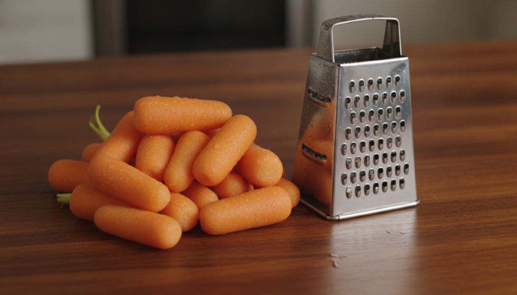 Fresh carrots and a grater on a wooden board ready for making DIY toner