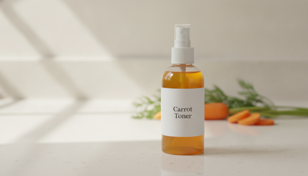 A clear glass spray bottle filled with golden carrot toner on a clean counter