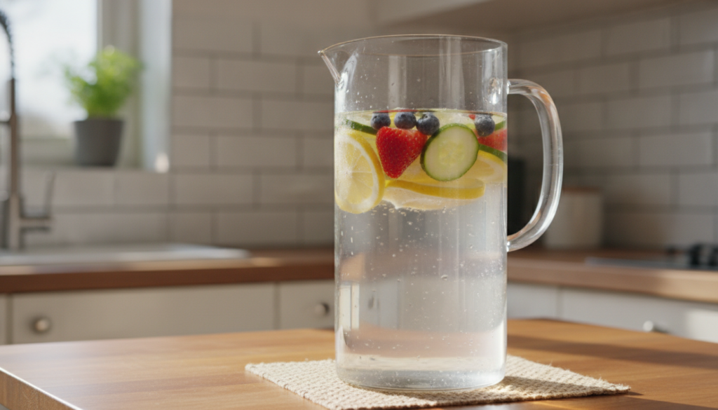 Colorful pitcher of fruit-infused water with sliced lemons cucumbers and berries