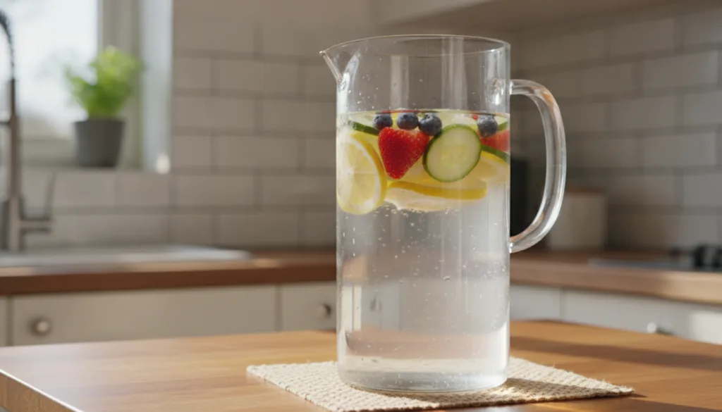 Colorful pitcher of fruit-infused water with sliced lemons cucumbers and berries