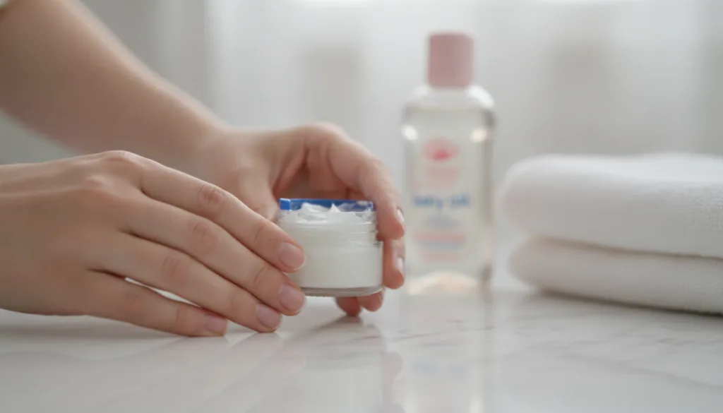 Hands holding a jar of Vaseline with a bottle of baby oil in the background on a clean bathroom vanity highlighting simp