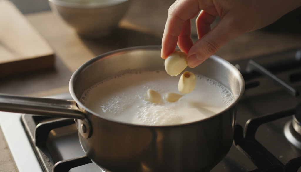 A small saucepan on a stove with milk gently simmering and a few peeled garlic cloves being added into it The scene shou