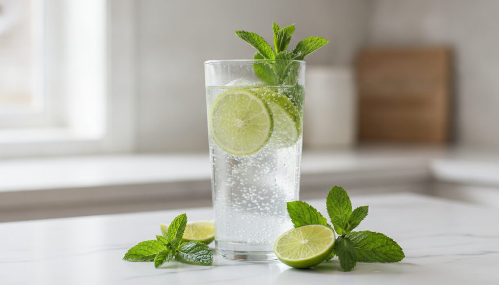 A glass of clear lime-infused water with fresh lime slices and mint leaves glistening on a light background