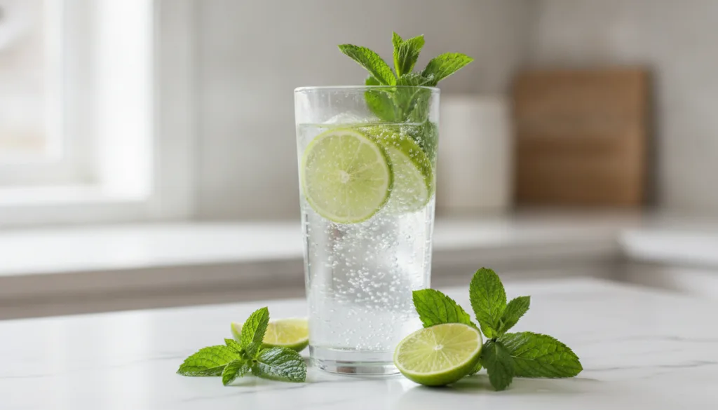 A glass of clear lime-infused water with fresh lime slices and mint leaves glistening on a light background