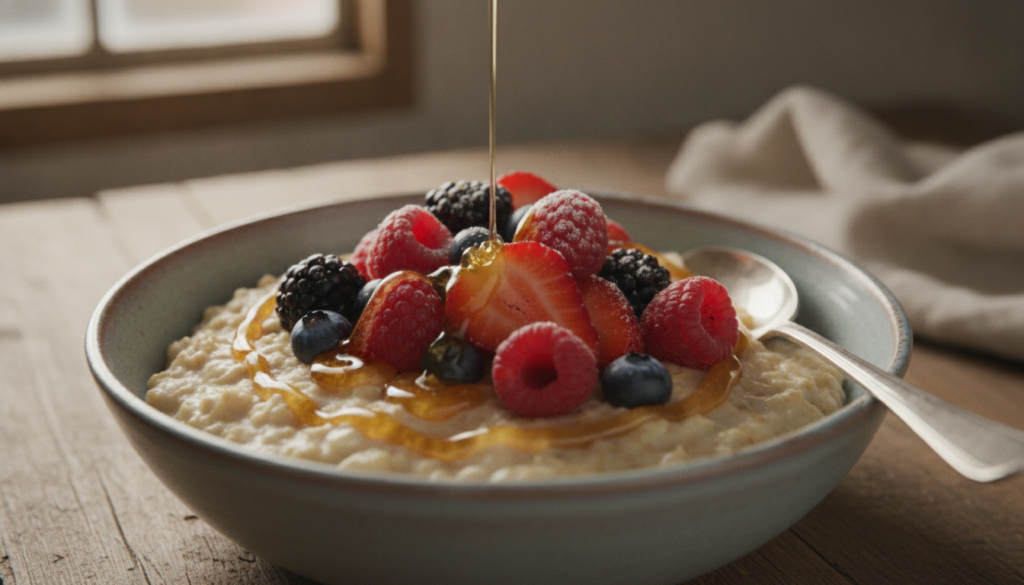 A bowl of creamy oatmeal topped with fresh berries and a drizzle of honey with a spoon resting in it Natural light strea