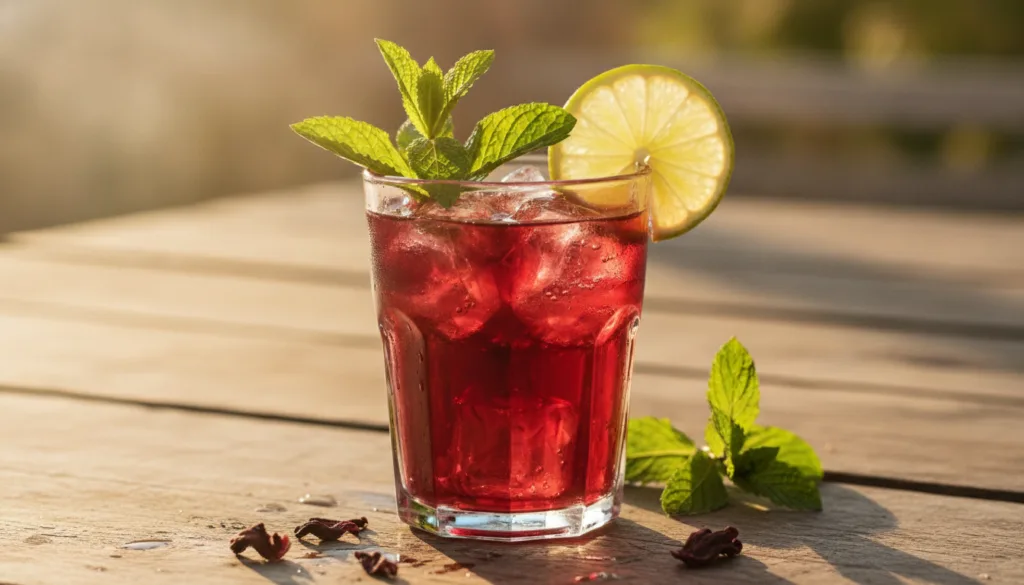 A beautiful glass of vibrant red hibiscus iced tea garnished with fresh mint leaves and a slice of lime sitting on a woo