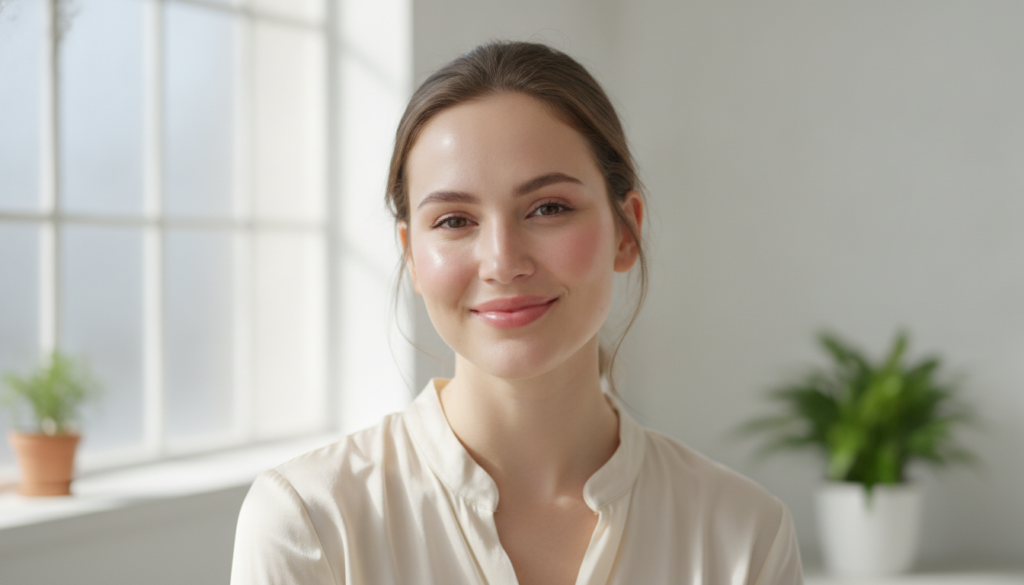 A woman smiling with visibly radiant smooth and glowing skin after using natural beauty remedies with soft diffused ligh