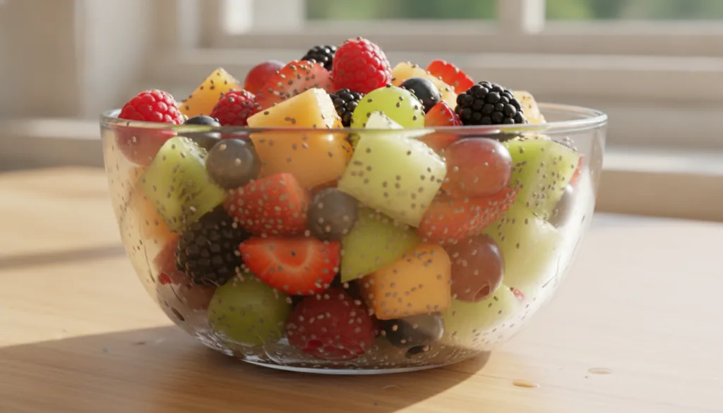 A vibrant colorful fruit salad in a clear glass bowl featuring various diced fruits like berries kiwi melon and grapes w