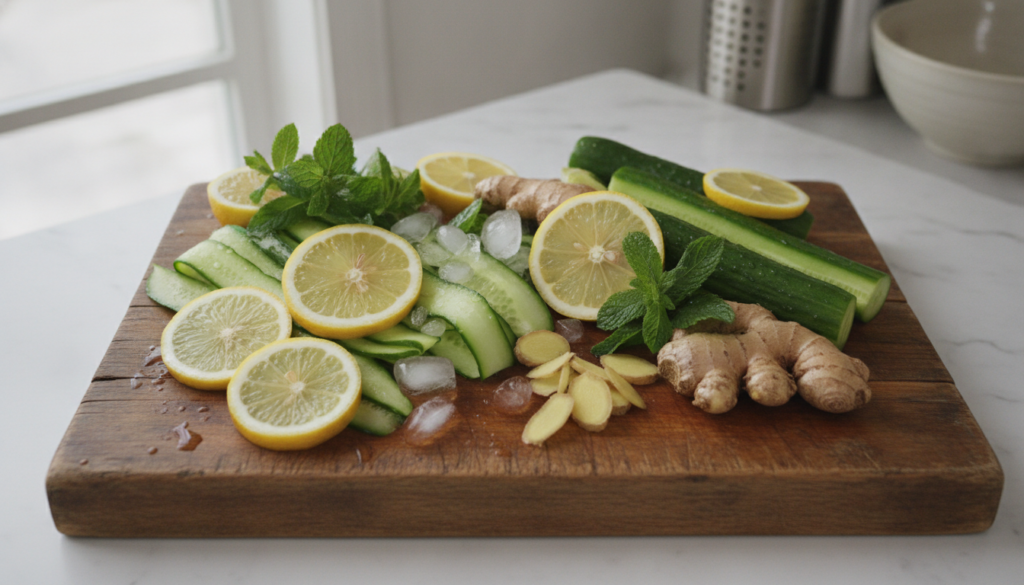 A vibrant assortment of fresh ingredients like lemons mint leaves cucumber slices and ginger laid out on a wooden cuttin
