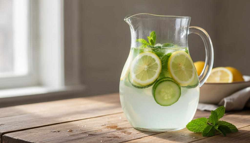 A clear glass pitcher filled with a vibrant fruit-infused water showcasing slices of lemon cucumber and fresh mint leave