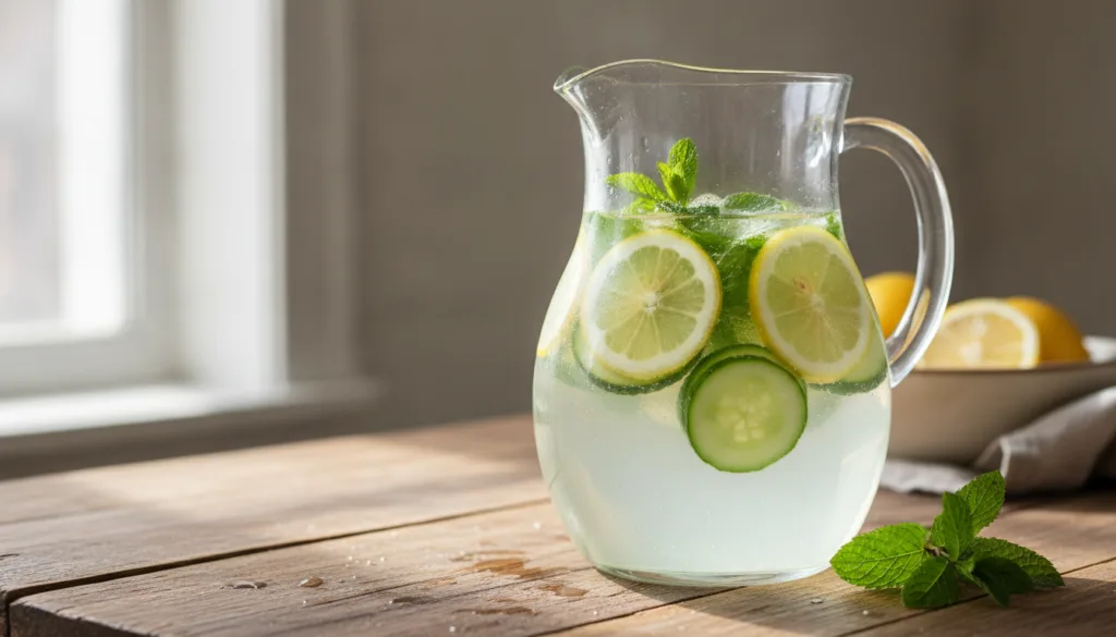 A clear glass pitcher filled with a vibrant fruit-infused water showcasing slices of lemon cucumber and fresh mint leave