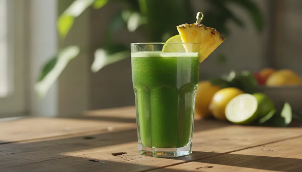 A tall glass of vibrant green juice garnished with a slice of pineapple and a lime wedge sitting on a wooden table with 