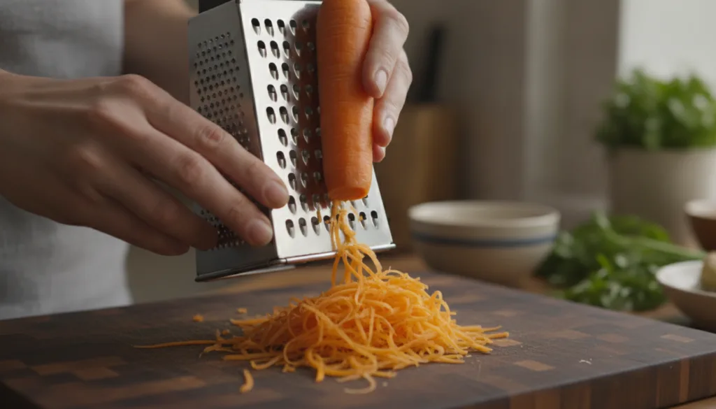 Close-up of hands grating a fresh carrot onto a dark wooden cutting board with a stainless steel grater