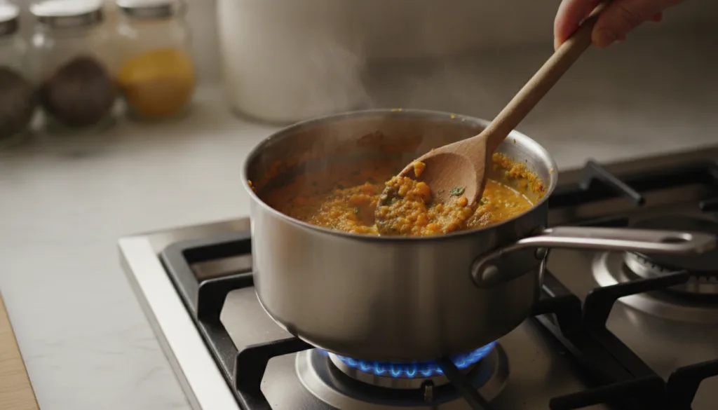 A small steel cooking pot on a gas stove actively simmering a golden-orange carrot mixture with a wooden spoon stirring 