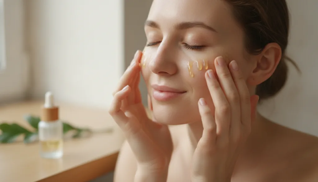 A close-up of a woman gently massaging a few drops of facial oil into her cheeks and forehead with a relaxed and glowing
