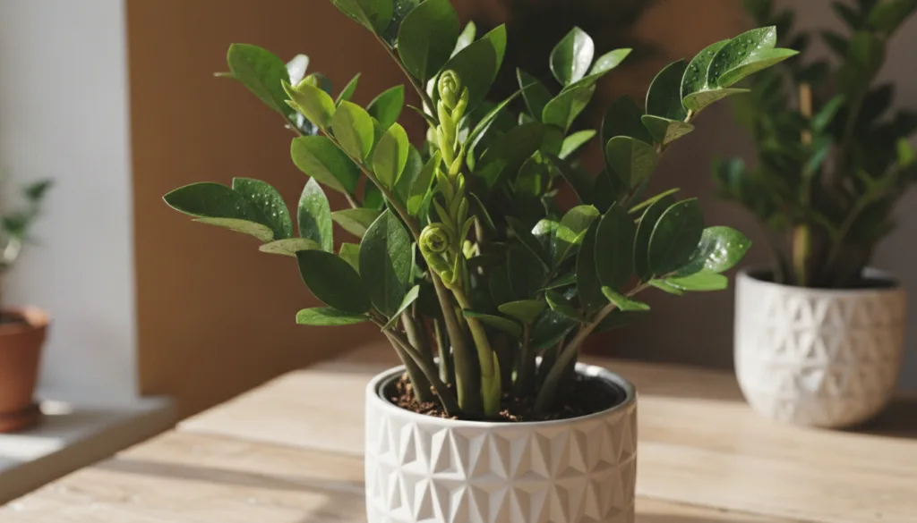 A healthy vibrant ZZ plant thriving in a beautiful pot with new growth emerging The leaves are glossy and dark green ind