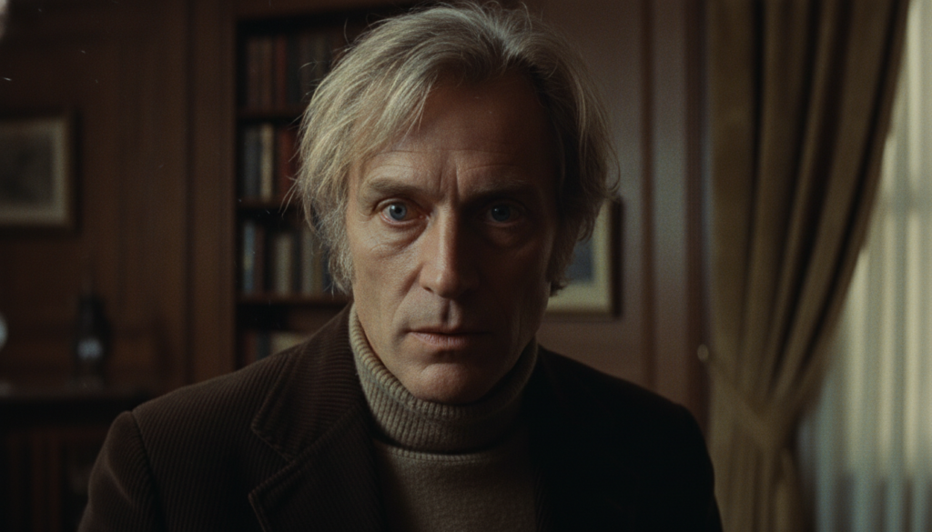 A film still of Donald Sutherland from a 1970s movie capturing his distinctive look