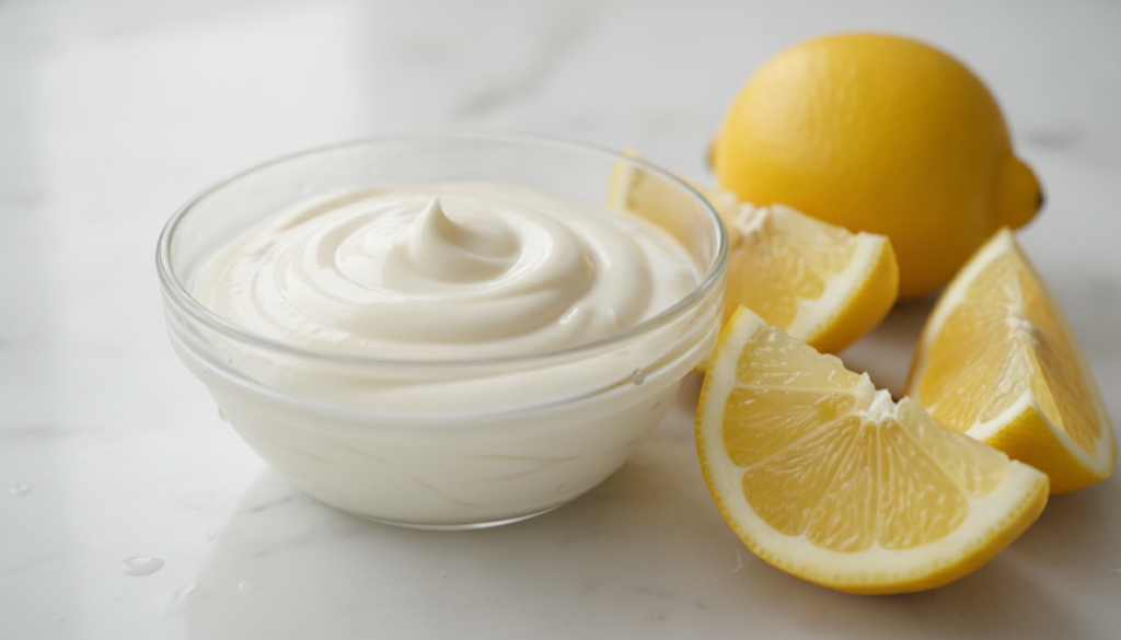 A small bowl containing a mixture of Vaseline and lemon juice with fresh lemon slices beside it on a clean surface