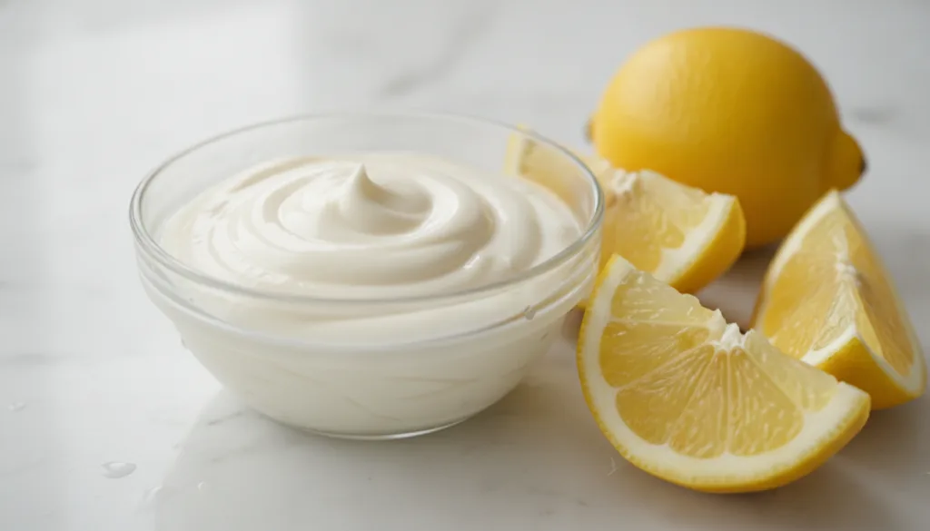 A small bowl containing a mixture of Vaseline and lemon juice with fresh lemon slices beside it on a clean surface