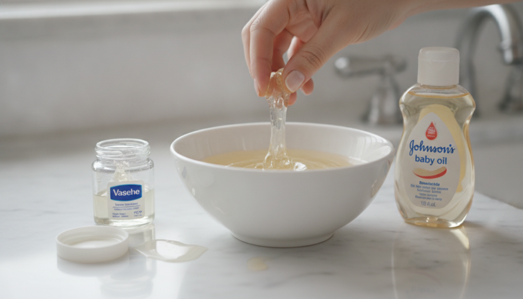 A small bottle of baby oil next to a jar of Vaseline with a hand mixing the two ingredients in a small bowl