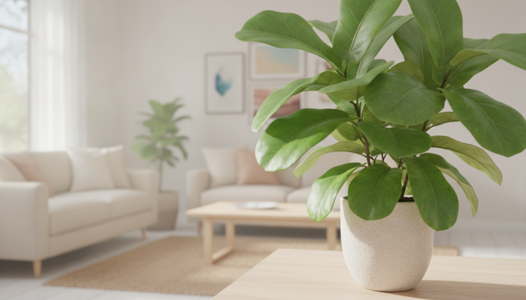 A vibrant healthy houseplant with glossy green leaves thriving in a pot The background is a bright airy indoor space