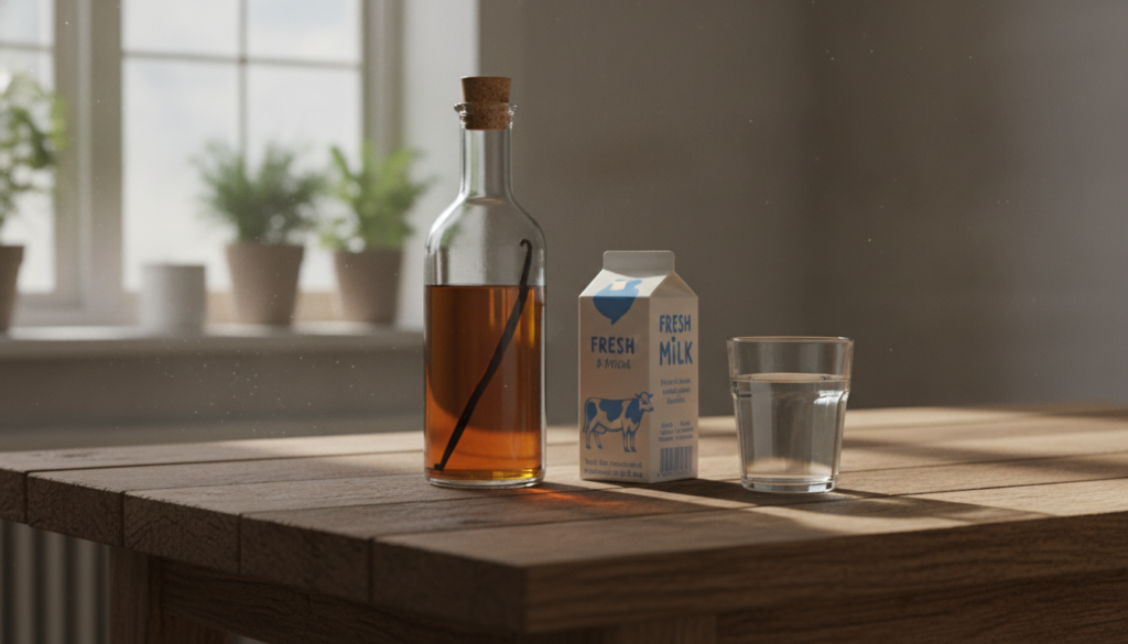 Ingredients laid out for the ZZ plant elixir a bottle of pure vanilla extract a carton of milk and a glass of water