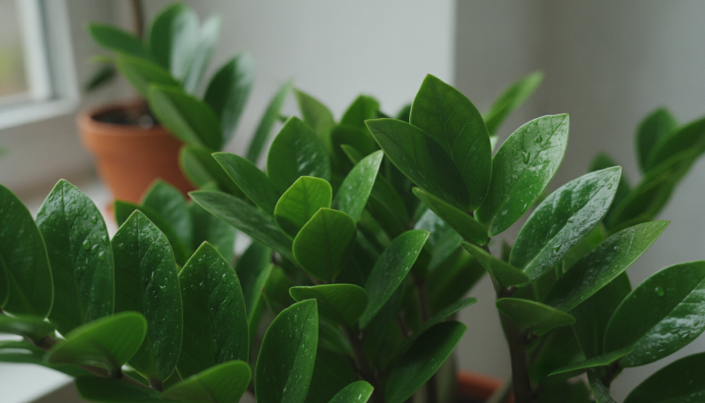 A close-up of healthy glossy ZZ plant leaves shining brightly in natural light