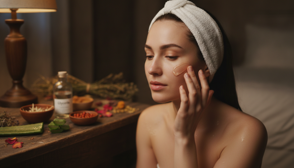 Close up of a woman gently applying a clear gel to her face at night her skin glowing softly Various natural ingredients