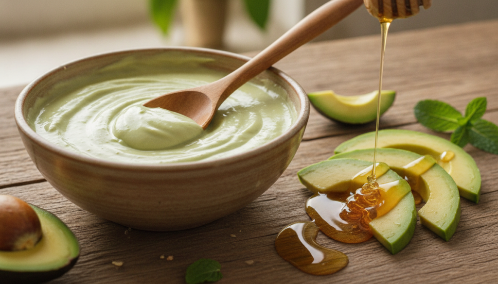 Close-up of a bowl with a freshly made honey and avocado face mask with a spoon and some raw honey and avocado slices on