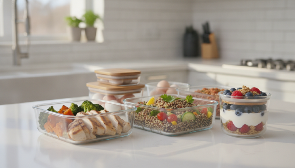 A healthy meal prep setup with containers filled with various protein sources like grilled chicken lentil salad and Gree
