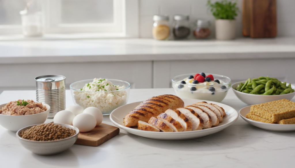 A variety of colorful protein-rich foods laid out on a kitchen counter cooked chicken breast a bowl of Greek yogurt with