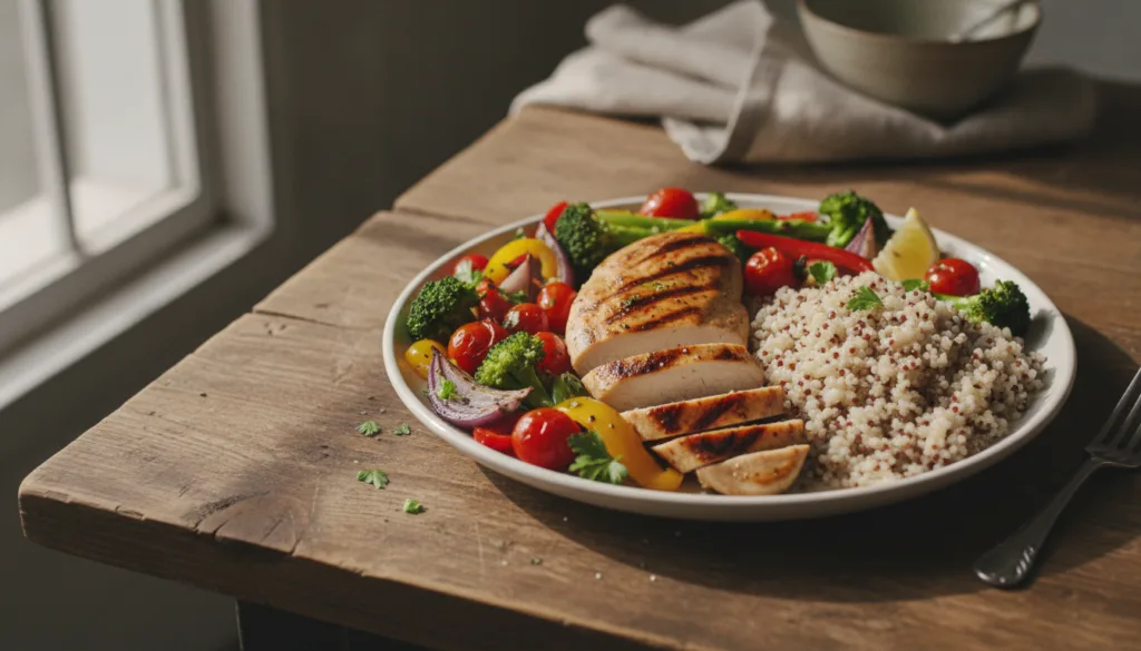 A vibrant balanced meal featuring various protein sources such as grilled chicken or fish a bowl of quinoa and colorful