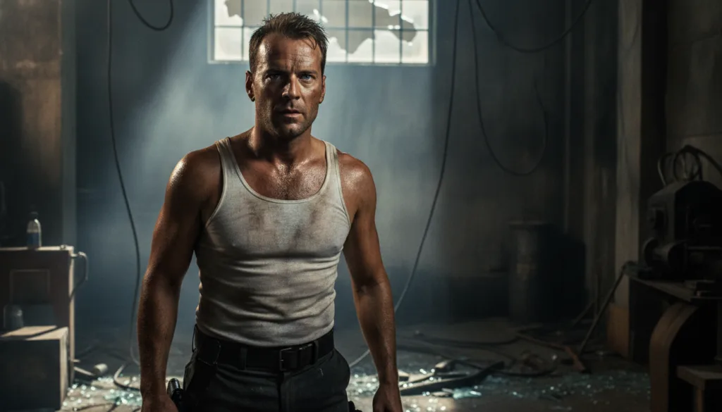 Young Bruce Willis as John McClane in Die Hard looking dishevelled and weary but determined perhaps with a slight smirk 