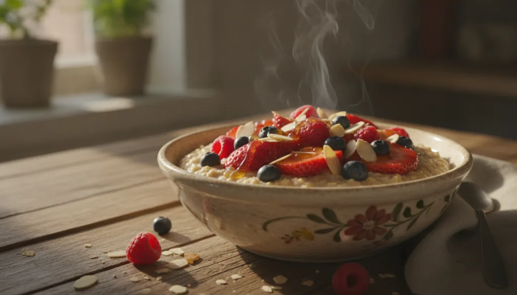 A steaming bowl of oatmeal topped with fresh mixed berries sliced almonds and a drizzle of honey