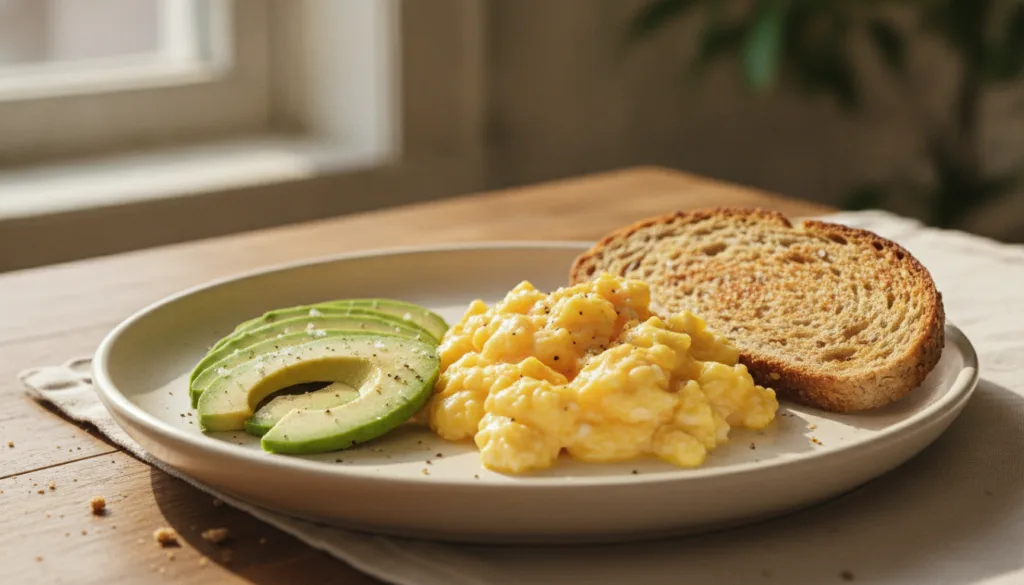 A plate of perfectly scrambled eggs served with sliced avocado and whole-grain toast