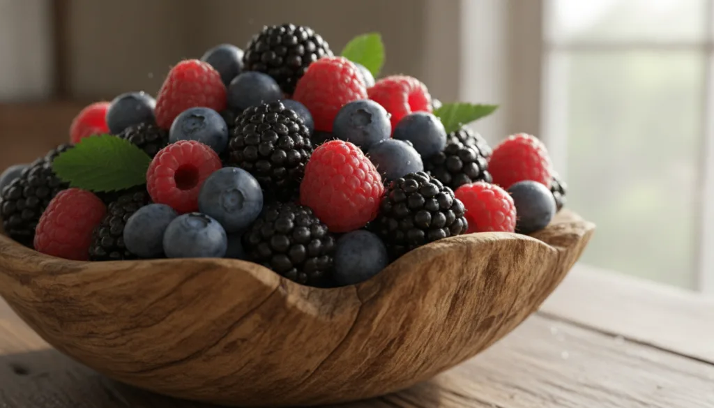 A vibrant assortment of fresh mixed berries including blueberries raspberries and blackberries in a rustic bowl
