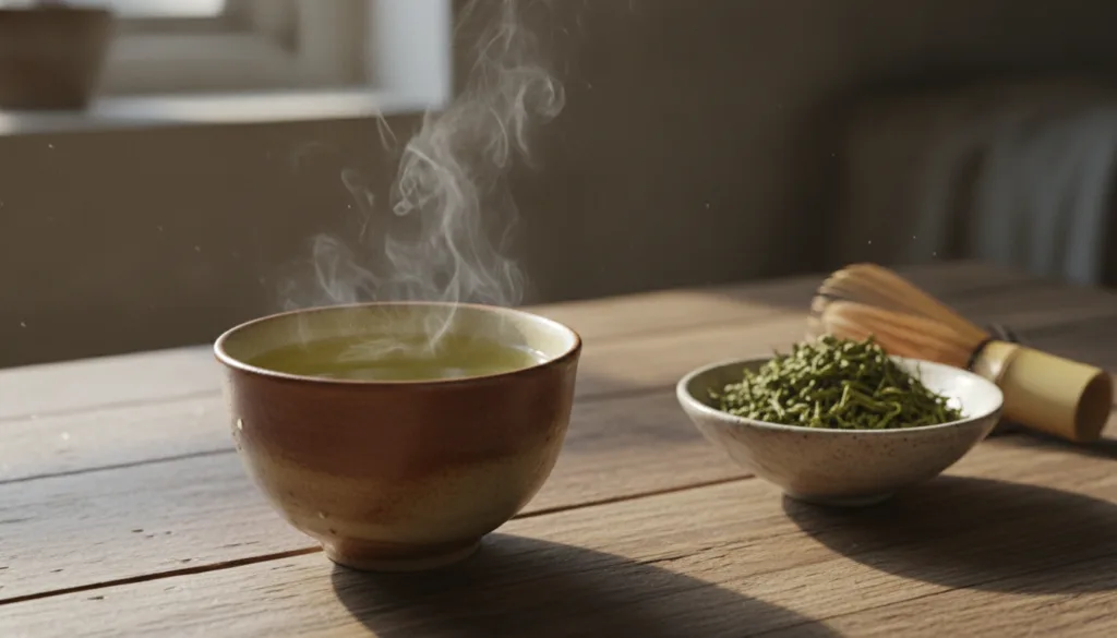 A steaming cup of green tea on a wooden table with a small bowl of tea leaves in the background