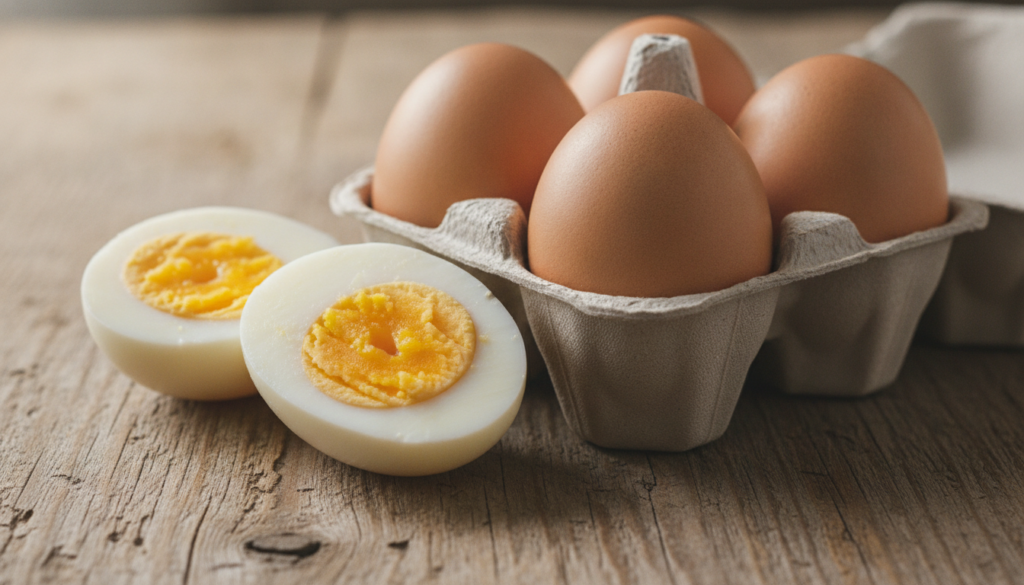 A close-up of a perfectly cooked hard-boiled egg cut in half revealing a vibrant yellow yolk alongside other whole eggs