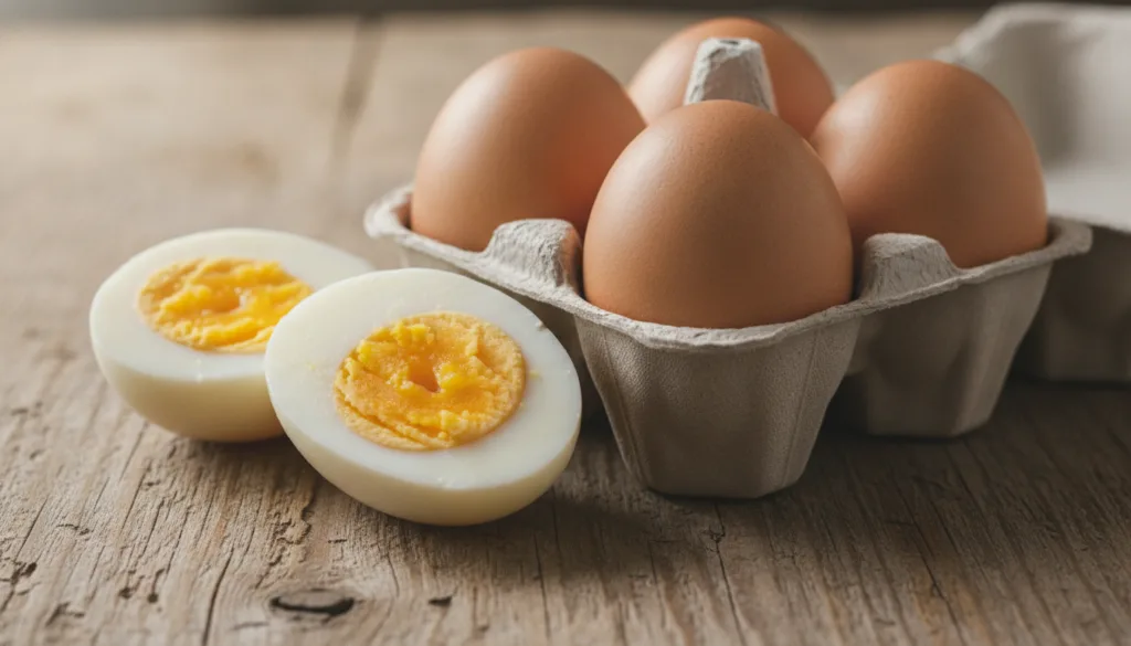 A close-up of a perfectly cooked hard-boiled egg cut in half revealing a vibrant yellow yolk alongside other whole eggs 