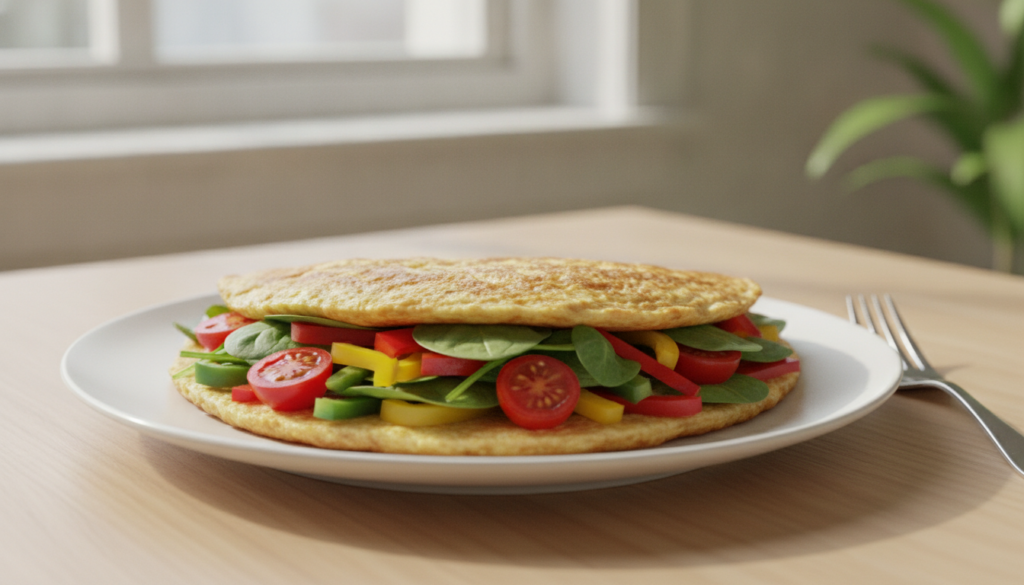 A vibrant colorful omelet filled with an assortment of chopped fresh vegetables like spinach tomatoes and bell peppers o