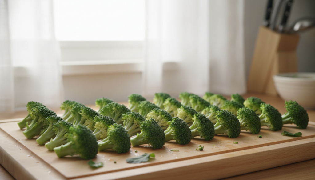 Fresh broccoli florets on a cutting board ready for cooking