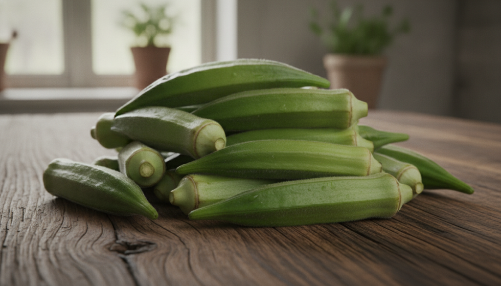 A pile of fresh green okra pods on a rustic wooden surface