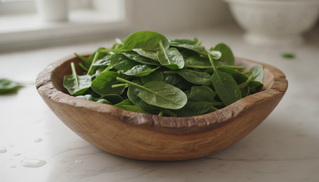 A close-up of fresh green spinach leaves in a rustic wooden bowl