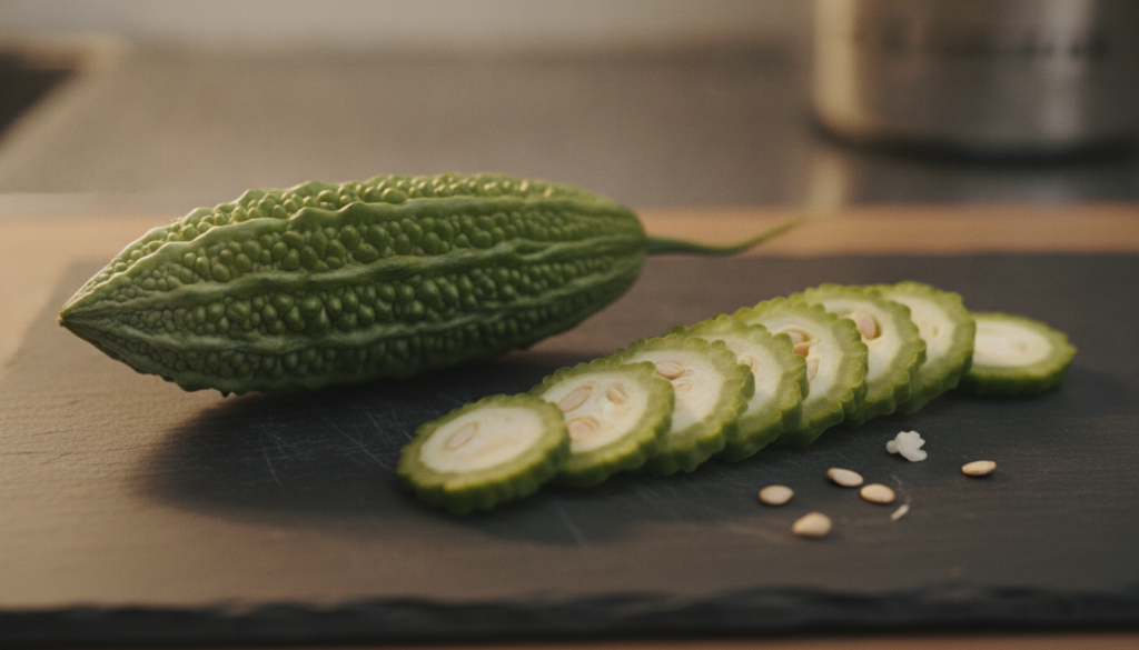 A whole bitter melon and sliced bitter melon on a dark cutting board